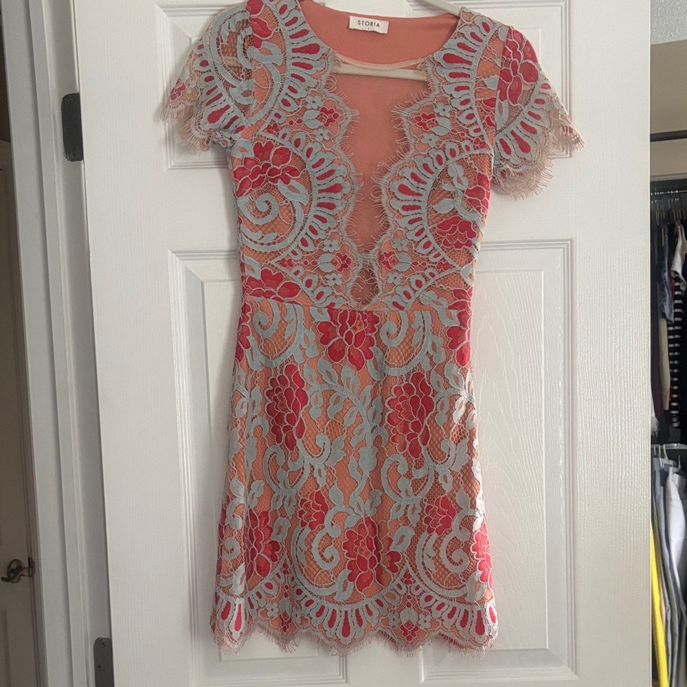 Storia Pink and Cream Lace Mini Dress S